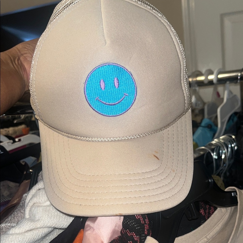Beige Cap with Blue Smiley Face